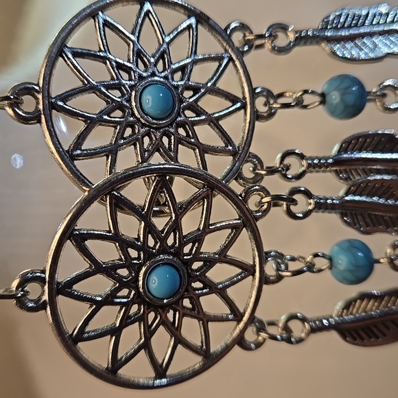 Feather Dream Catcher Silvertone Alloy Earrings with Turquoise Beads & Feathers - Picture 8 of 9